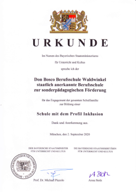 Urkunde Inklusion Don Bosco Berufsschule Aschau am Inn