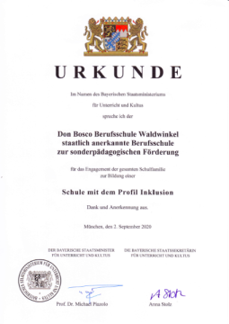Urkunde Inklusion Don Bosco Berufsschule Aschau am Inn