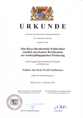 Urkunde Inklusion Don Bosco Berufsschule Aschau am Inn